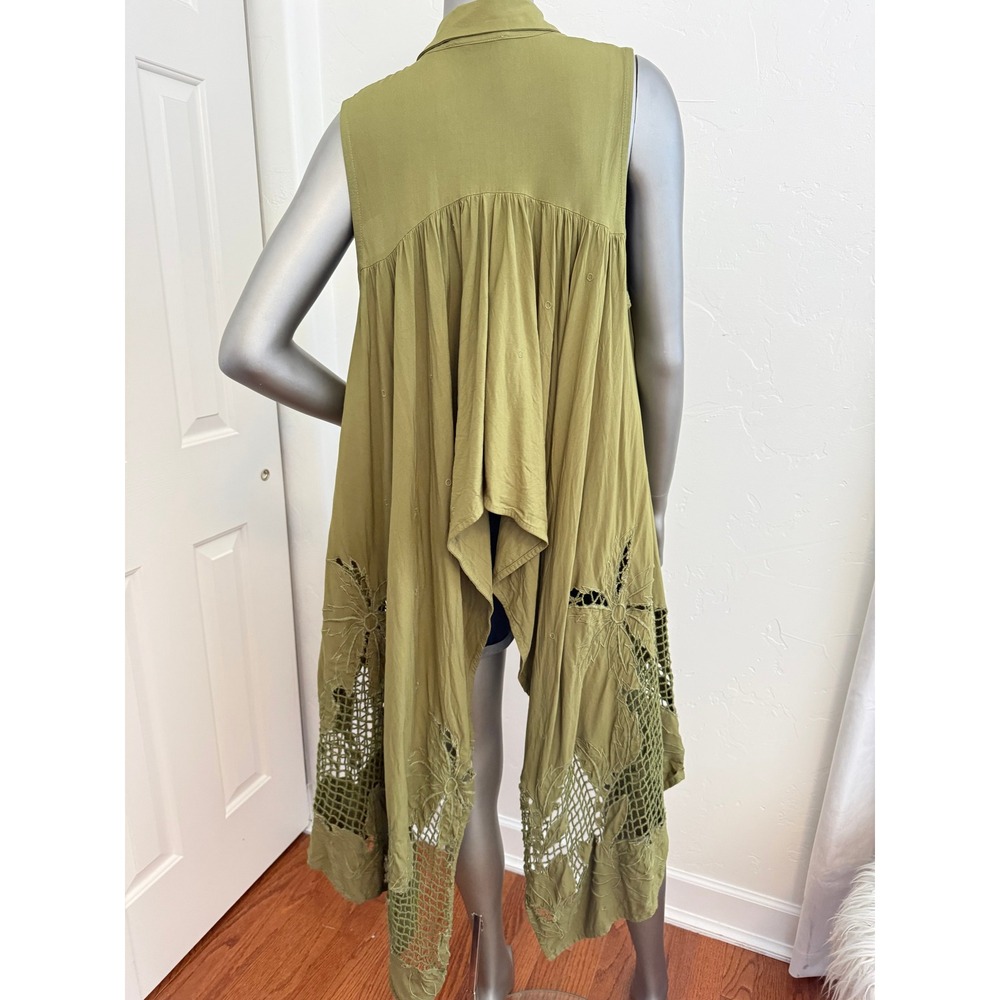 Anthropologie Marrakech Olive Green Lace Cut Out Cropped High Low Vest Bohemian - Picture 3 of 10